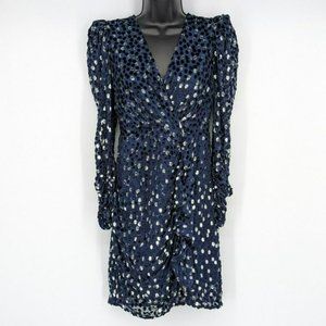 Kate Spade Scatter Dot Dress 6 Navy Silver Faux Wrap Ruffle Velvet Long Sleeve